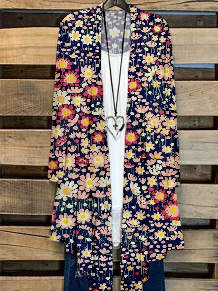 Comstylish Scattered Flowers Japanese Pattern Flowy Cardigan
