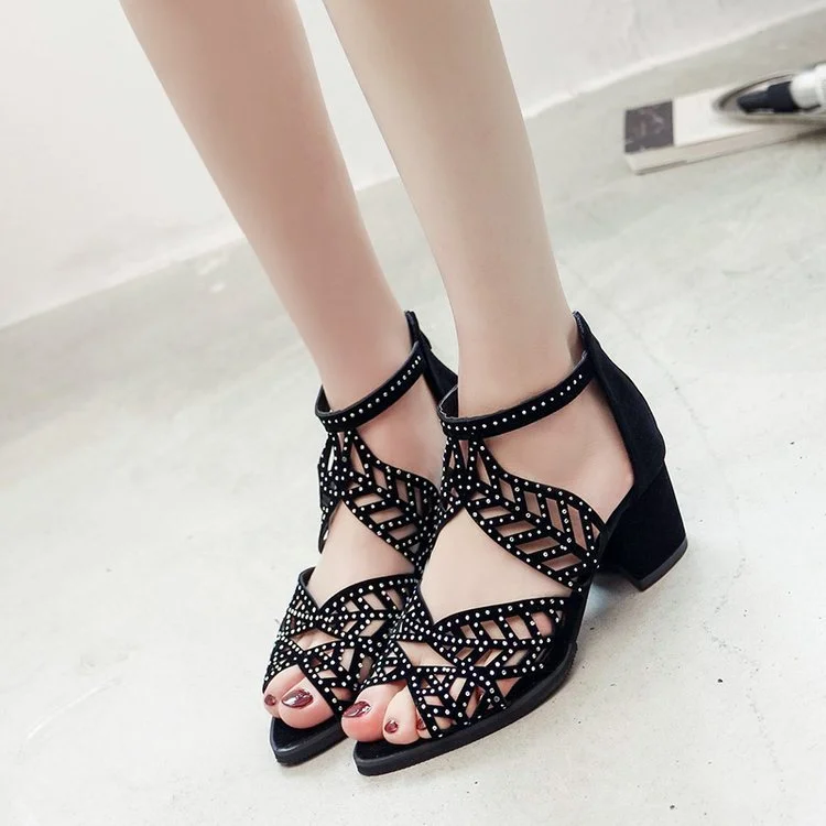 Yyvonne Mouth Sandals Women's Shoes Summer New Temperament Harajuku Hollow Coarse Back Zipper Large-Size High Heels