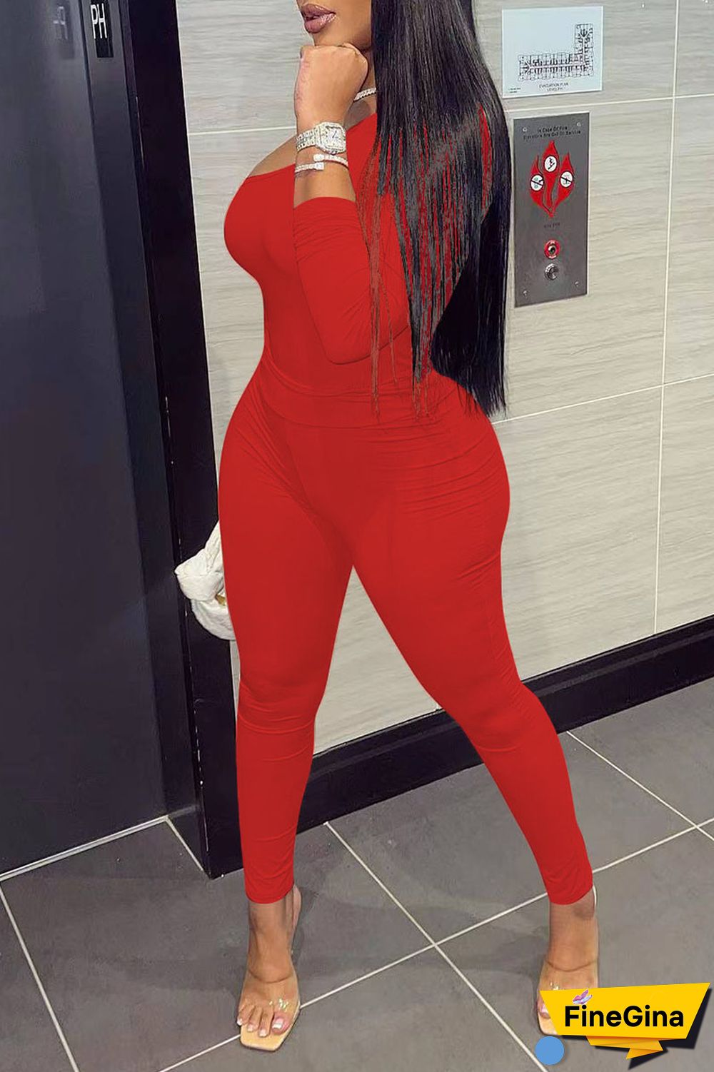 Red Sexy Solid Patchwork Oblique Collar Long Sleeve Two Pieces