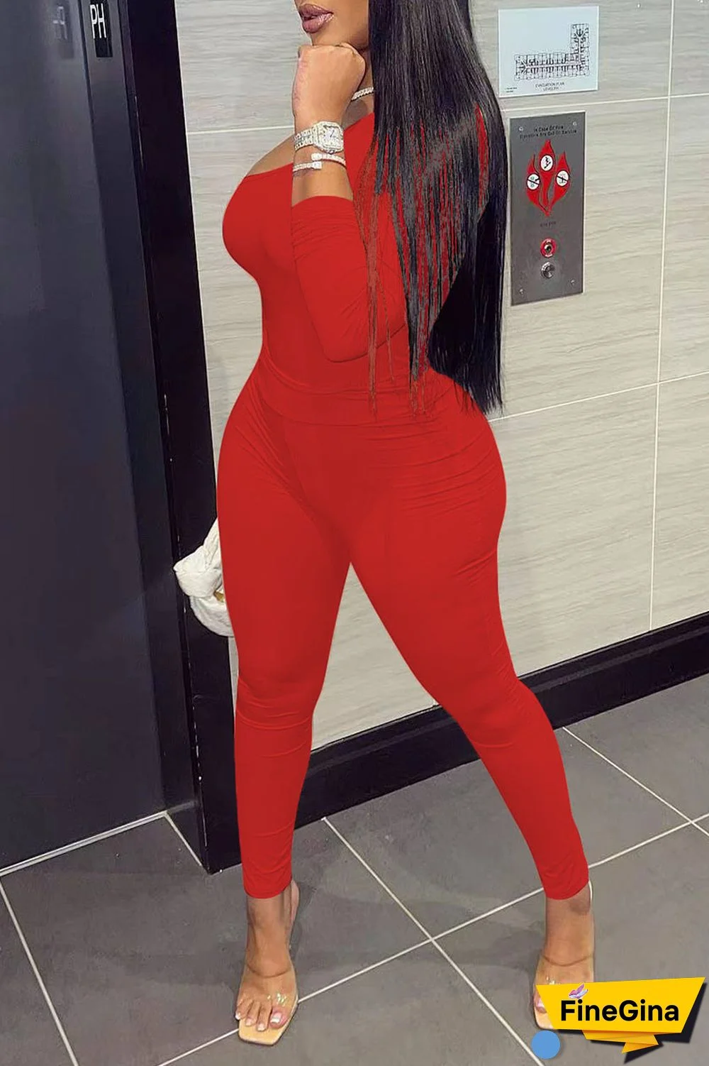 Red Sexy Solid Patchwork Oblique Collar Long Sleeve Two Pieces