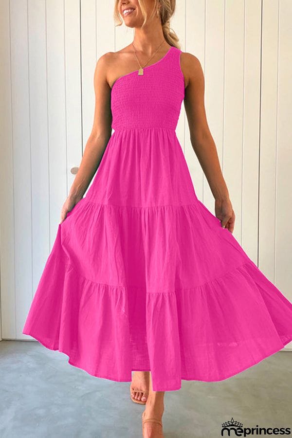 One Shoulder Sleeveless Smocked Ruffle Tiered Maxi Dress