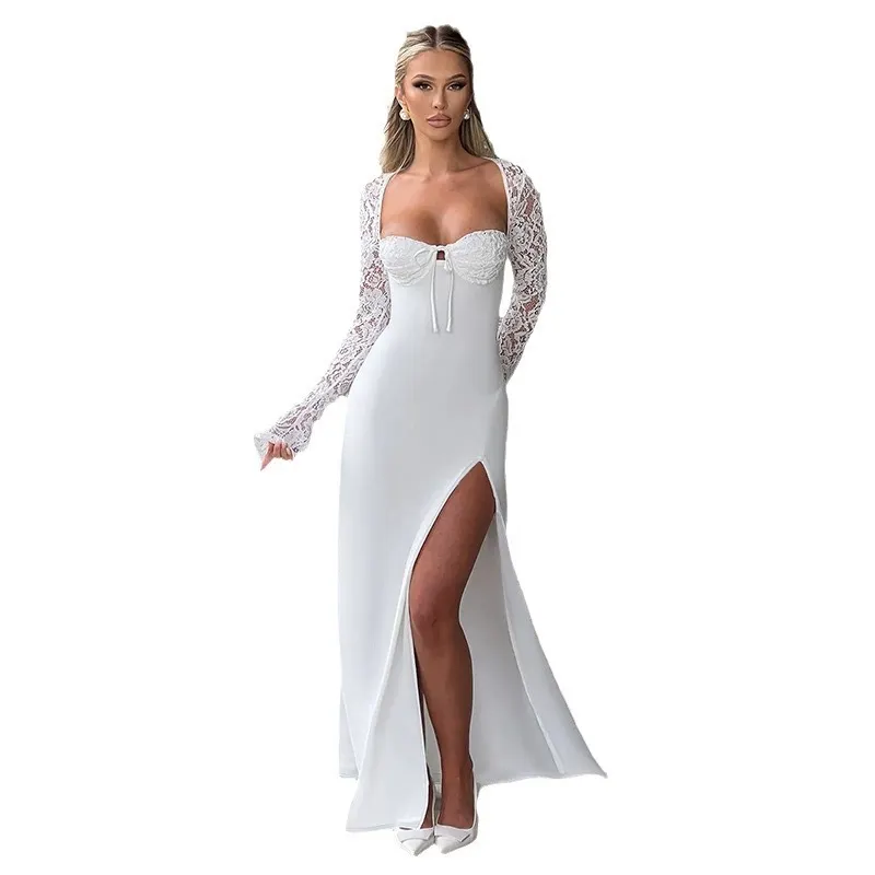 Solid Off Shoulder Lace Long Sleeve Tie Bust High Slit High Waist Bodycon Maxi Dress