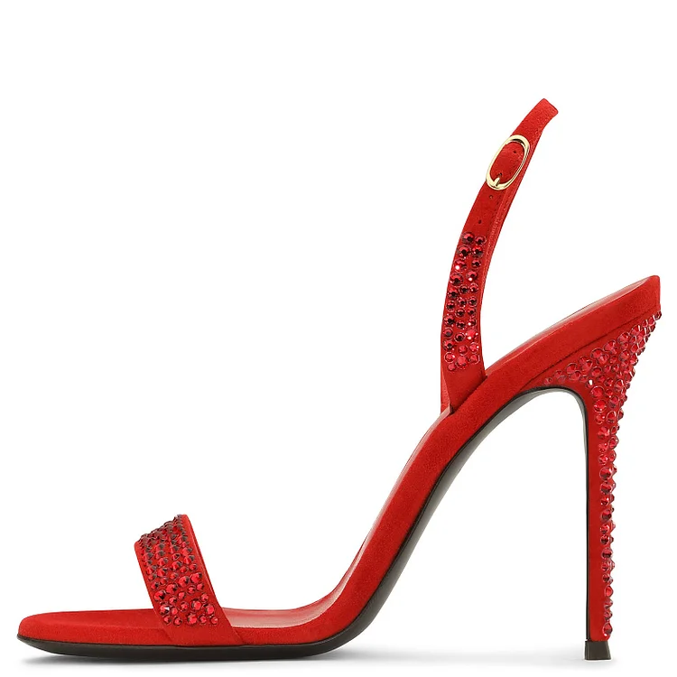 Red Rhinestone Heels Slingback Stiletto Heel Sandals |FSJ Shoes