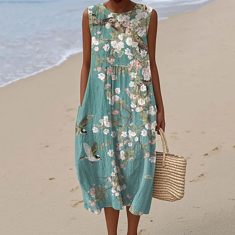 Women's Vintage Floral Birds Art Print Sleeveless Dress