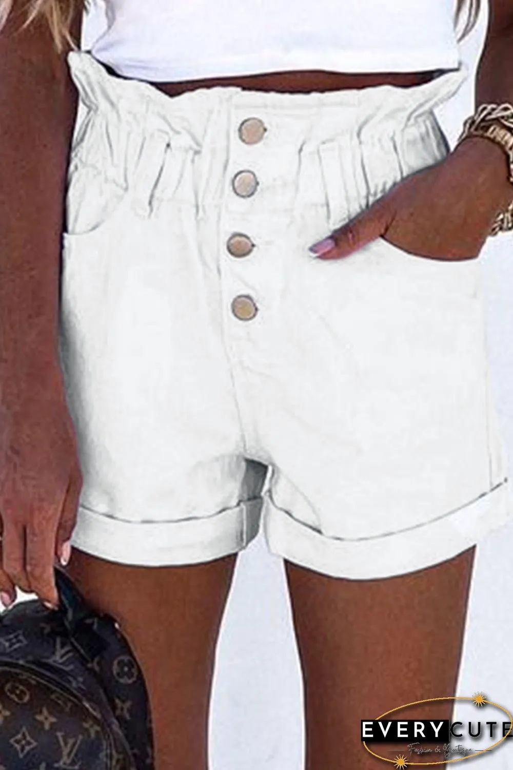 White Ruffled High Waist Buttoned Denim Shorts