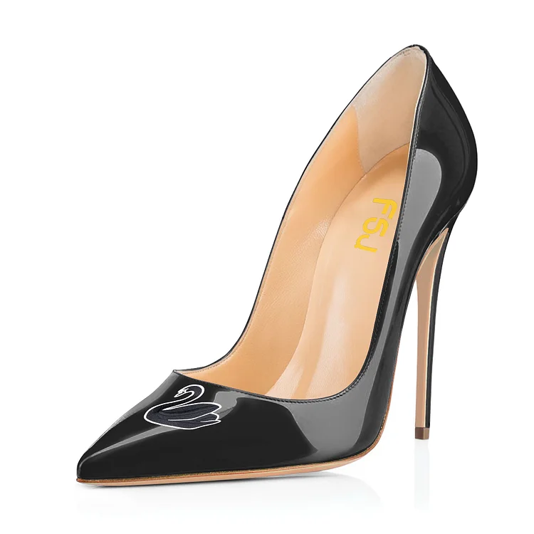 Women's Black Swan Floral Office Heels Pointy Toe Stiletto Heels Pumps |FSJ Shoes