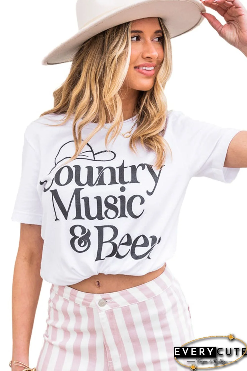 White Country Music & Beer Graphic Print Short Sleeve T Shirt