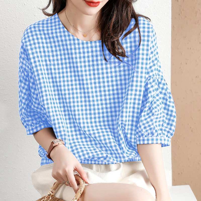 ZANZEA Summer O Neck Half Sleeve Blouse Women Plaid Checked Tops Casual Loose Holiday Shirt Female Party Blusas Mujer