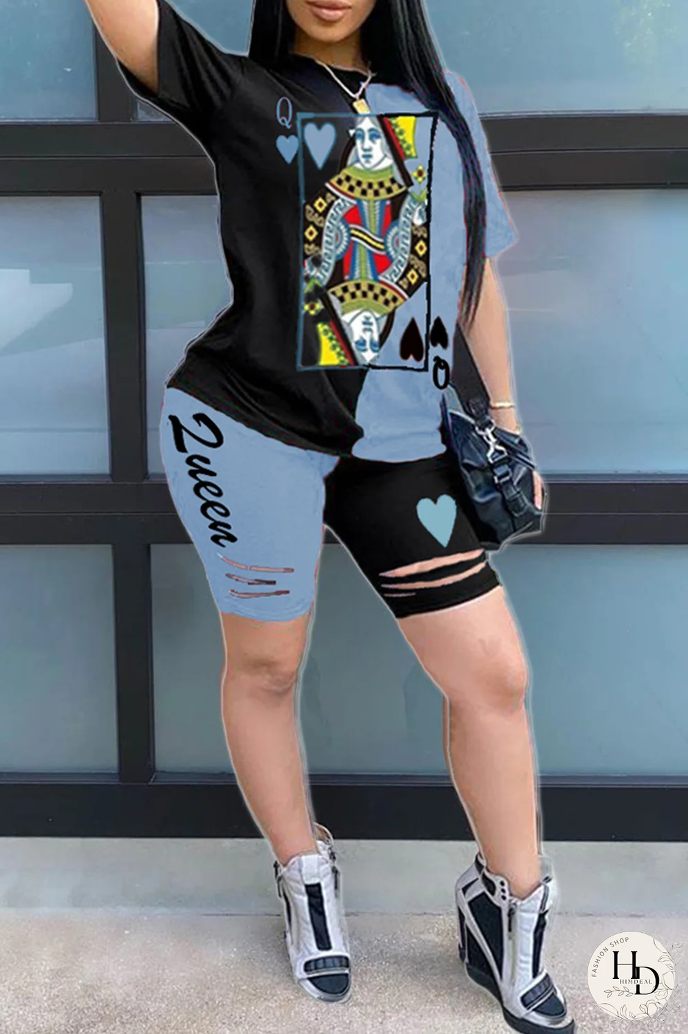 Black and red Fashion Casual Print Two Piece Suits O Neck Plus Size Two Pieces