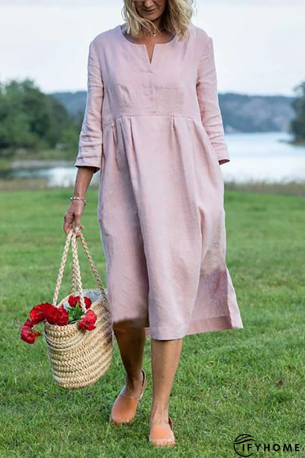 Linen V Neck Seven Sleeves Midi Dress | IFYHOME
