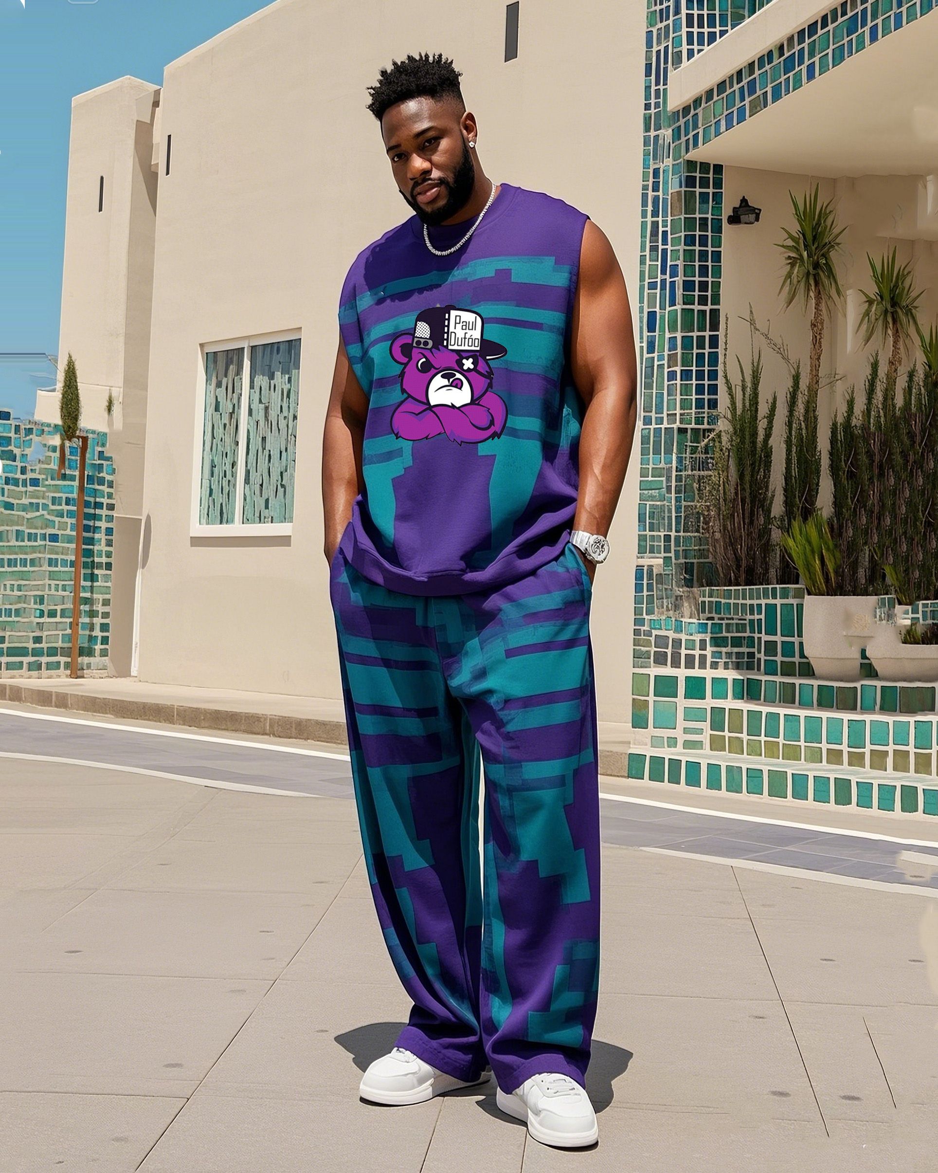 Big Boy Bear Creative Print Colorblock Tank Trousers Suit