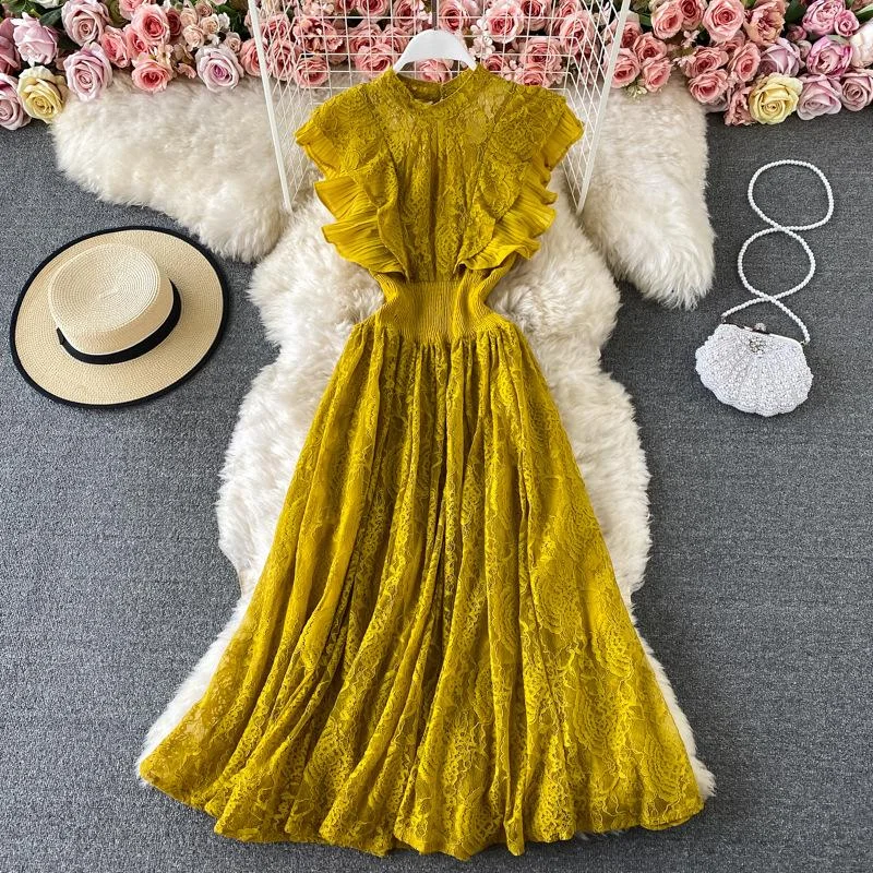 Prom Dresses Lace Hollow Out Round Neck Ruffled Sleeves Maxi Swing Dresses
