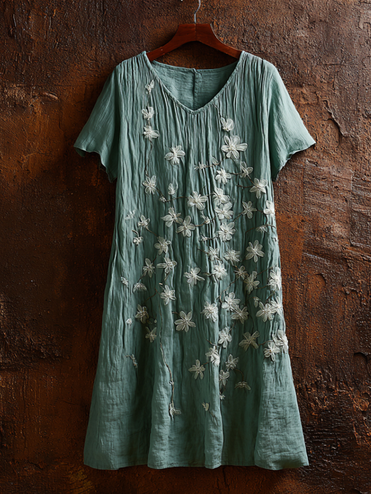 Vintage Forsythia Art Embroidery Cotton Linen Casual V-neck Dress elevenforest