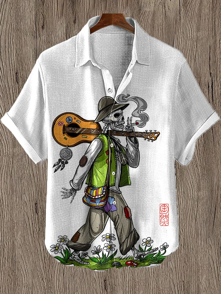 Men's Retro Psychedelic Skull Guitar Natural Art Print Linen Blend Shirt