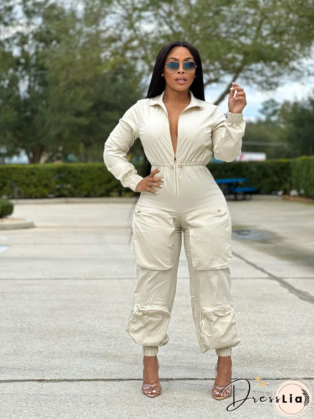 Long Sleeve Zipper Large Pockets Cargo Jumpsuits