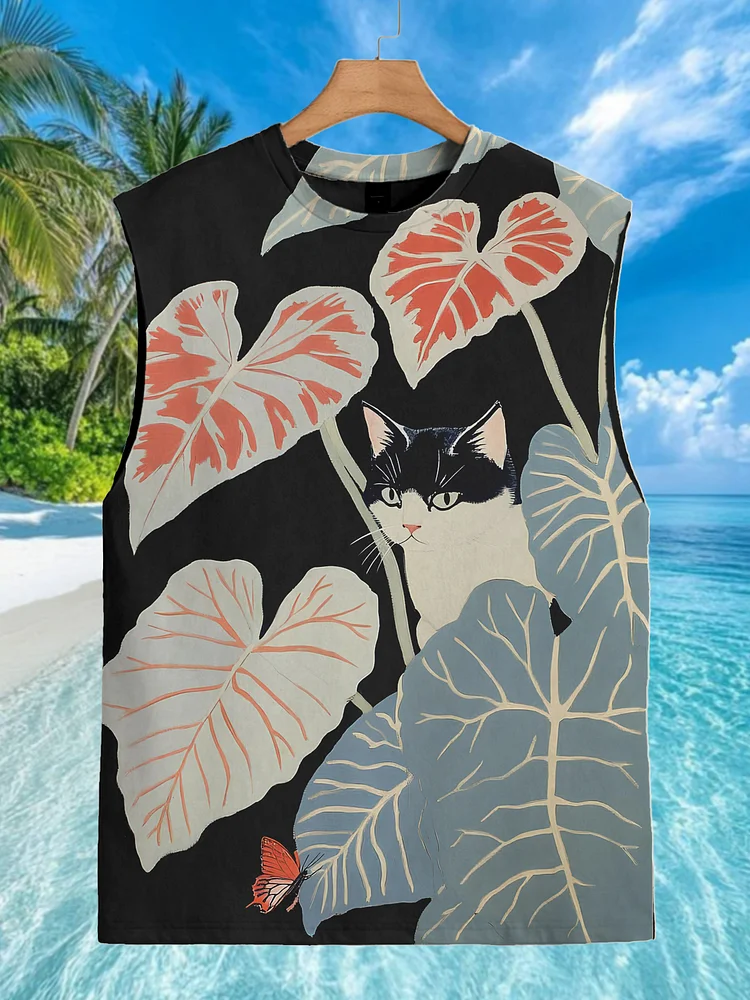 Men's Butterfly On Lotus Leaf Cat Art Print Tank Top