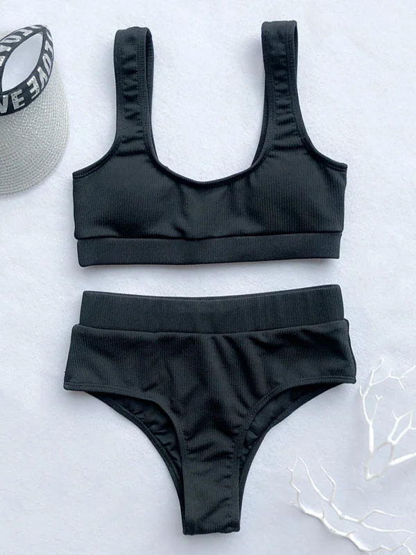  Plain High-Waist Split Bikini Swimsuit 