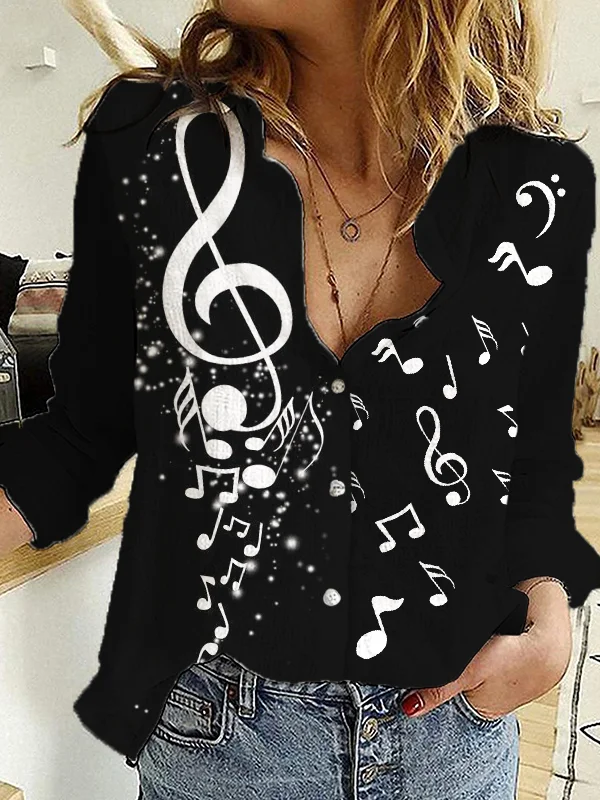 Music Notes Print Long Sleeve Blouse