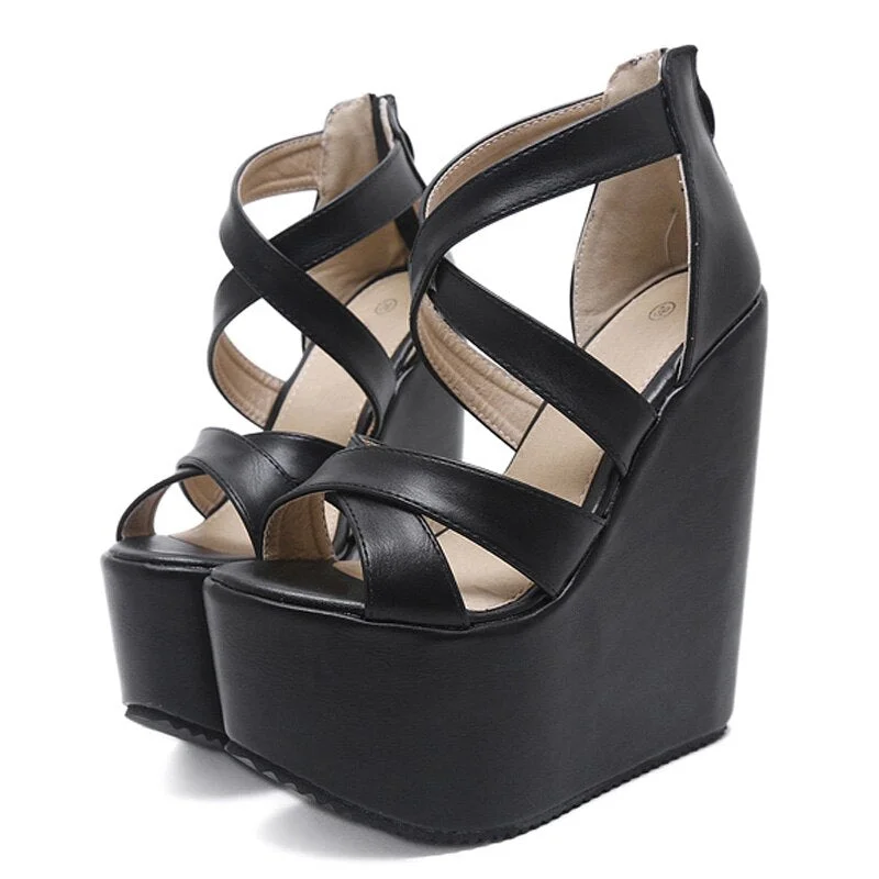 Gdgydh Height 17cm Platform Wedges Shoes Black White With Cross Straps Ultra High Heel Hot Footwear Sandals Zipper Party On Sale