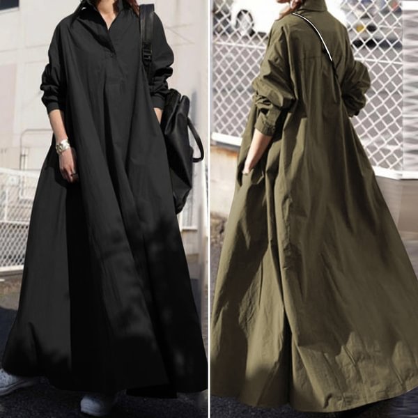 Women Turn-down Collar Long Sleeve Shirt Dress Loose Plain Maxi Blouse Dresses - BlackFridayBuys