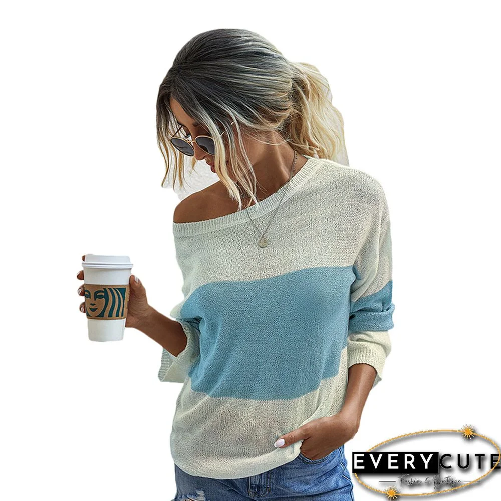 Light Blue Colorblock Lightweight Loose Sweater