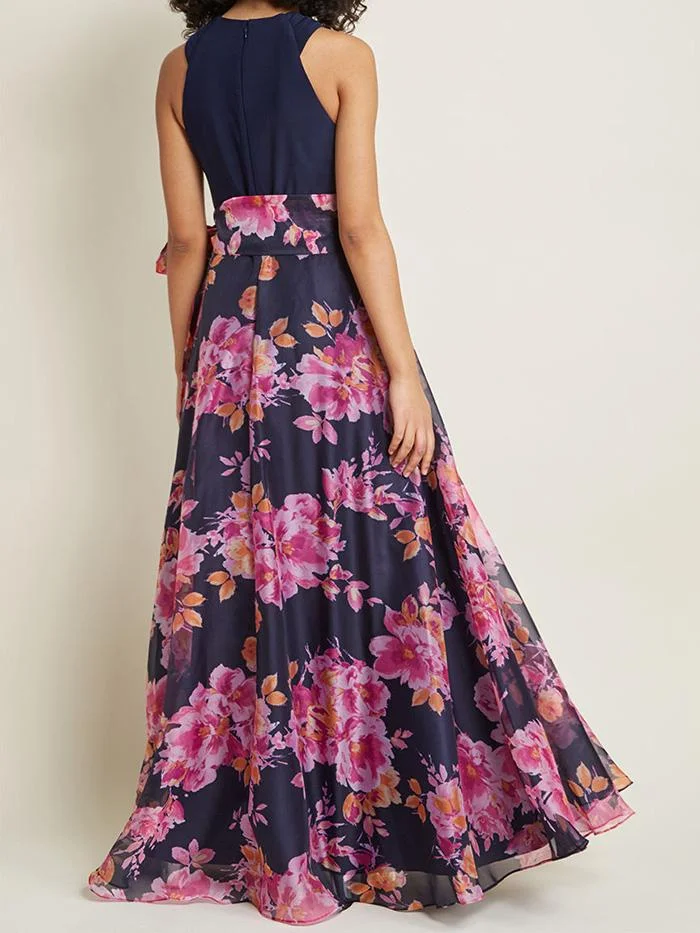 Halterneck Cross-neck Print Dress