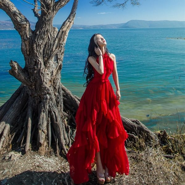 Bohemian Summer Women Holiday Beach Maxi Dress Sexy Off Shoulder Chiffon Ruffles Red Irregula Big Swing Long Dress