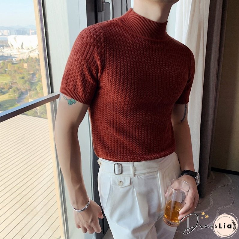 Autumn New Short Sleeve Knitted Sweater Mens Clothing All Match Slim Fit Stretched