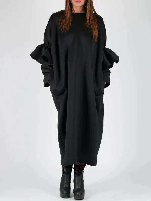 Loose Black Falbala Back-Zipper Midi Dress