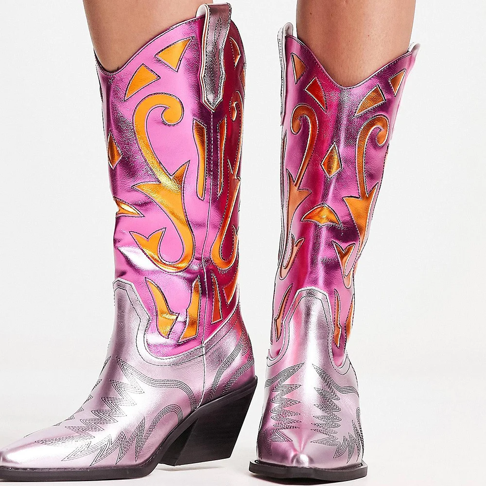 Multicolor Metallic Closed Pointed Toe Mid-Calf Cowgirl Boots with Chunky Heels Nicepairs
