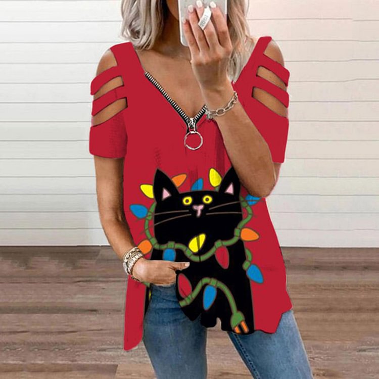 Vefave Casual Christmas Lights Cat Print T-Shirt