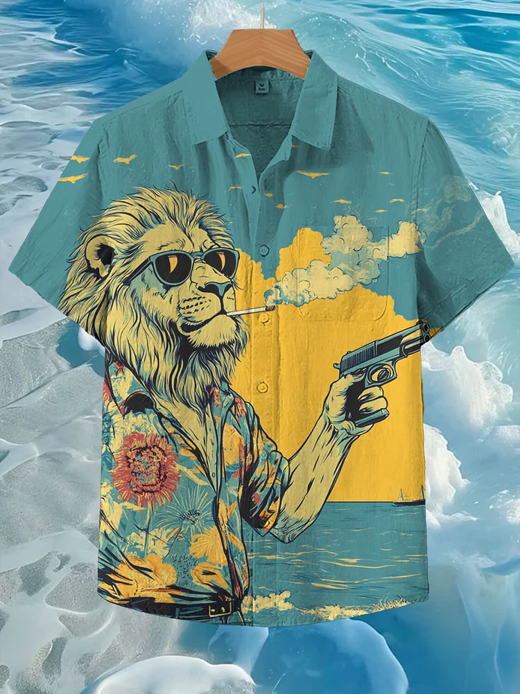 Men'S Lion On Vacation With A Gun Print Short Sleeve Shirt