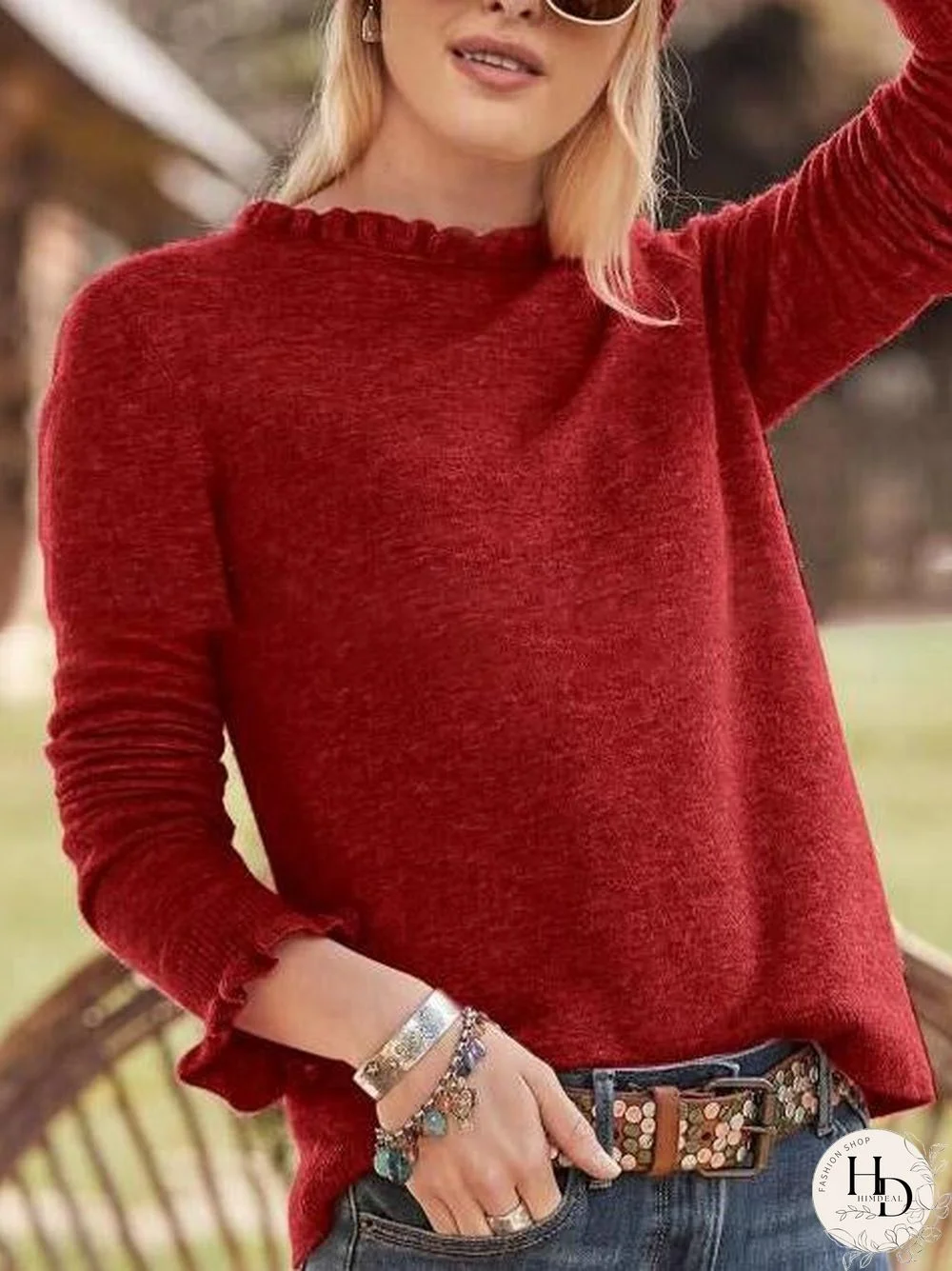 Round Neck Ruffled Sleeve Plain Sweater