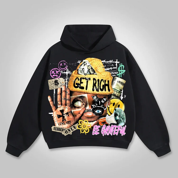 Vingate Get Rich Abstract Portrait Graphics Cotton Pocket Hoodie