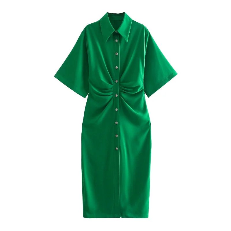 Aachoae Women Chic Fashion Button-up Draped Midi Shirt Dress Vintage Short Sleeve Side Zipper Female Tunic Dresses Vestidos