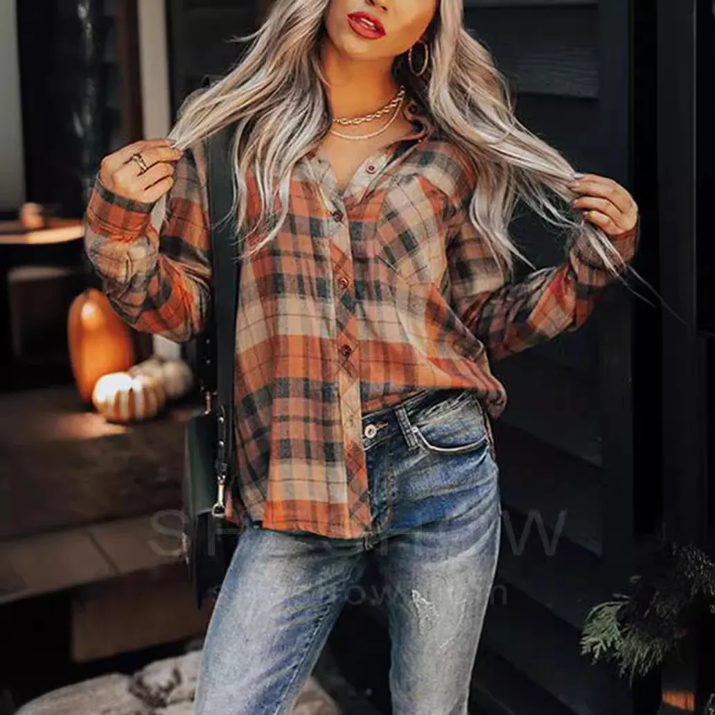 Women's Brown & Black Plaid Flannel Shirt Oversized Button-Down Blouse