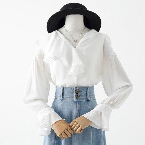 Women White Shirts Summer New Ruffles Neck Flare Sleeved Loose Chiffon Office Lady Elegant Blouse Outwear Tops - Shop Trendy Women's Fashion | TeeYours