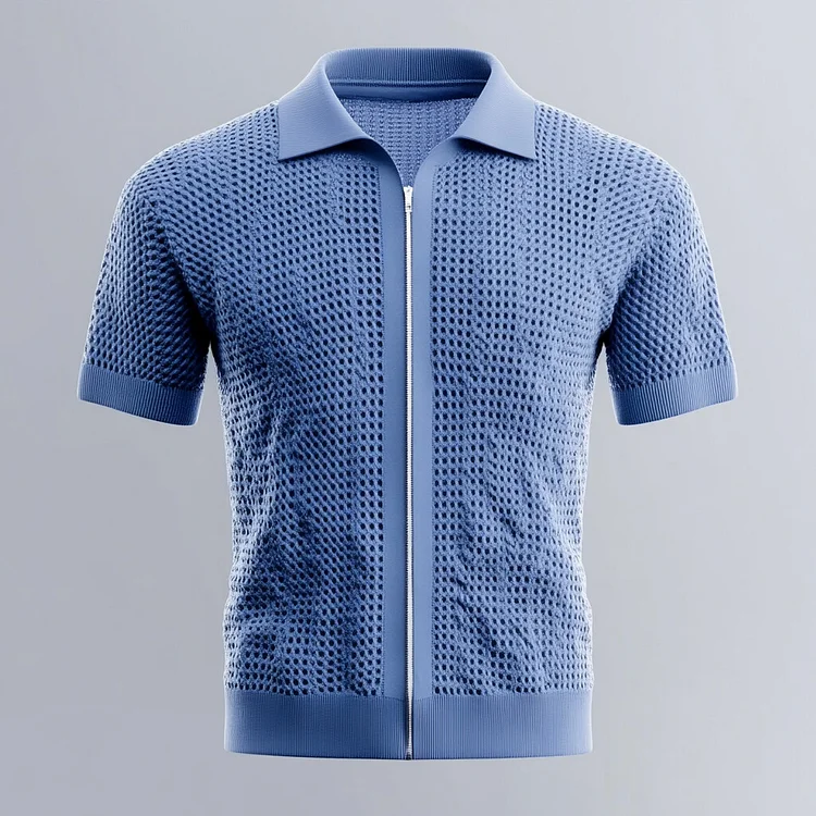 Men's Knitted Hollow Out Short Sleeve Zip Up Shirt