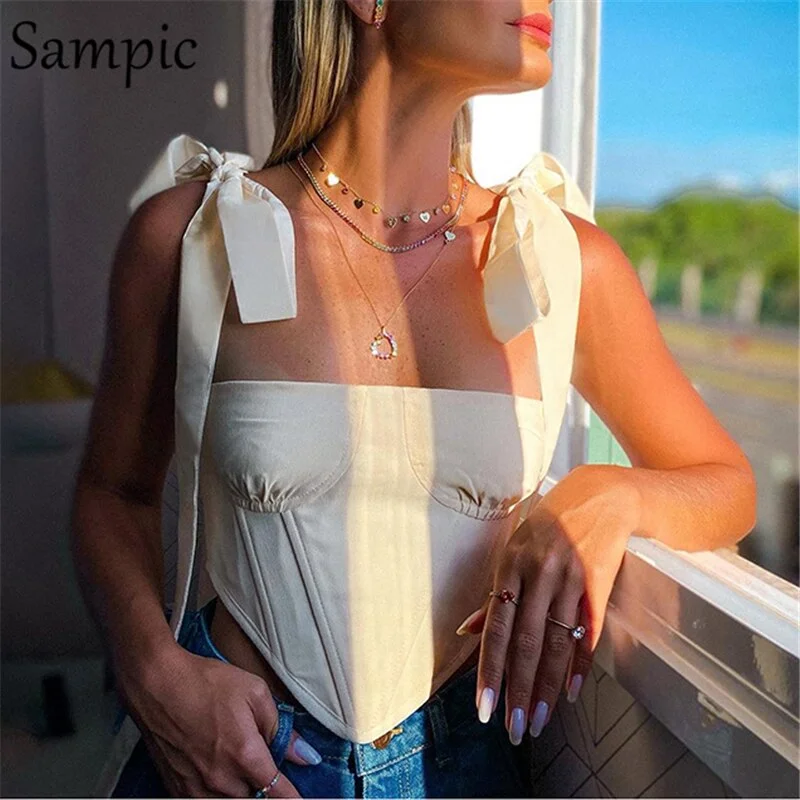 Sampic Summer 2021 Fashion Spring Women Crop Tops Skinny Elegant Bandage Sexy Bow Corset Club Casual Tank Tops Sleeveless