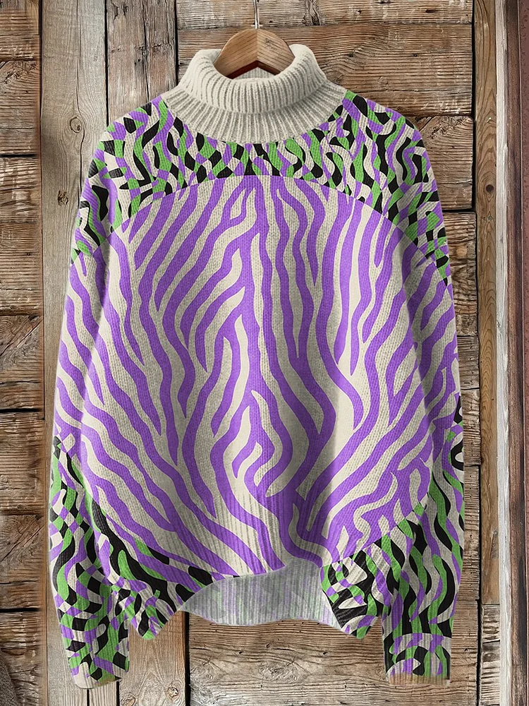 Purple Abstract Geometry Art Print Knit Turtleneck Pullover Sweater