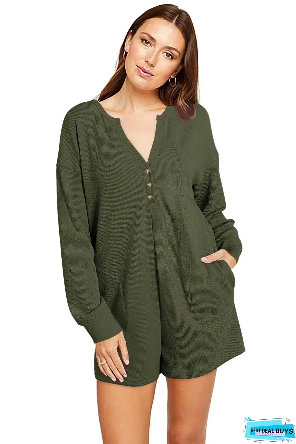 Dark Green Brushed Ribbed Button Split V Neck Long Sleeve Romper
