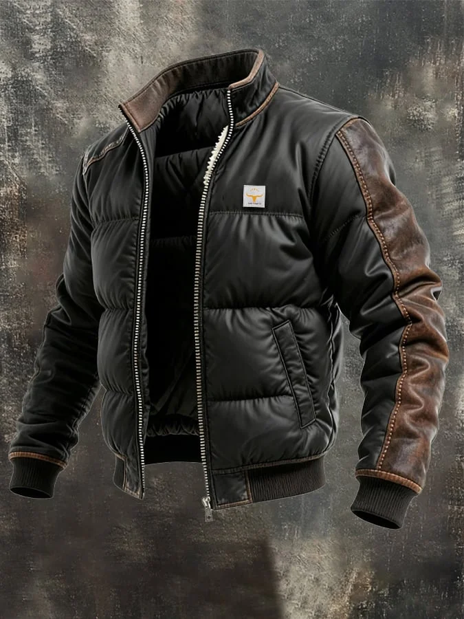 Herren Retro Leder Stepp-Patchwork Warme Rei&szlig;verschluss Outdoorjacke 