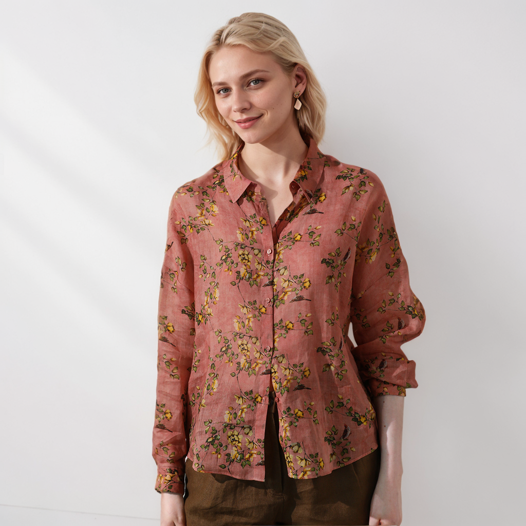 Ramie Printed Shirt Retro Polo Collar Loose REAL SILK LIFE