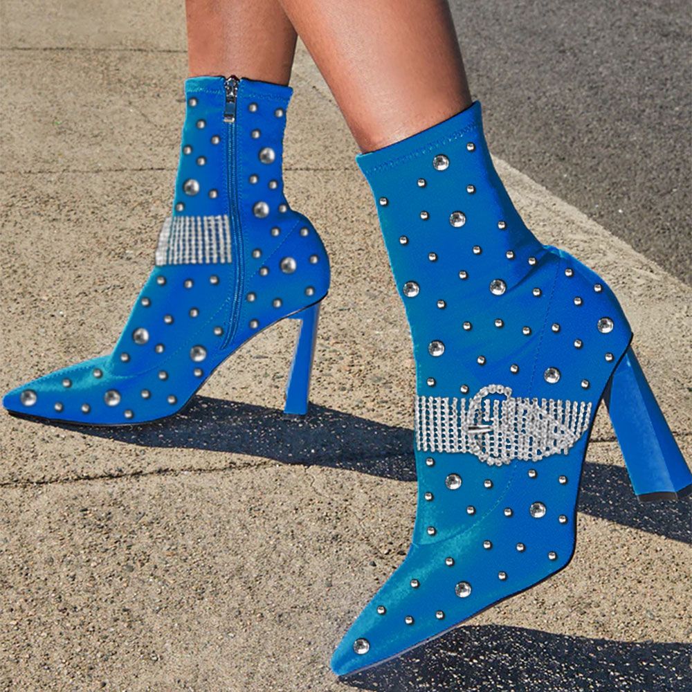 Blue Pointed Toe Rhinestone Tight Ankle Boots with Chunky Heel Nicepairs