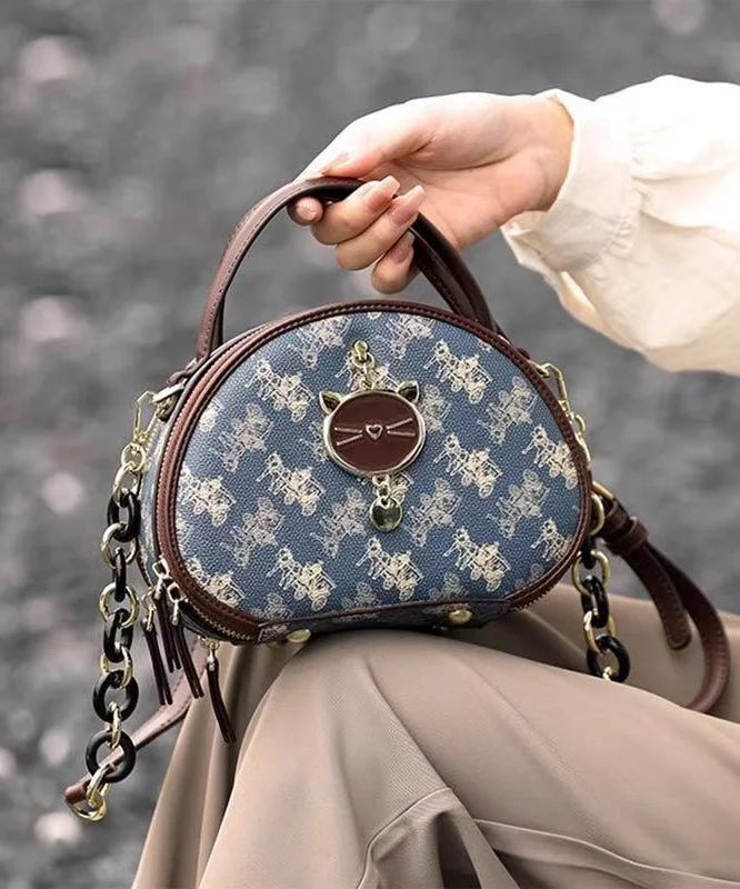 Organic Blue Print Faux Leather Round Bag