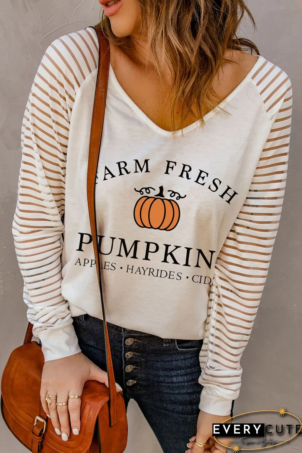 White Farm Fresh Pumkin Graphic Sheer Striped Long Sleeve Top