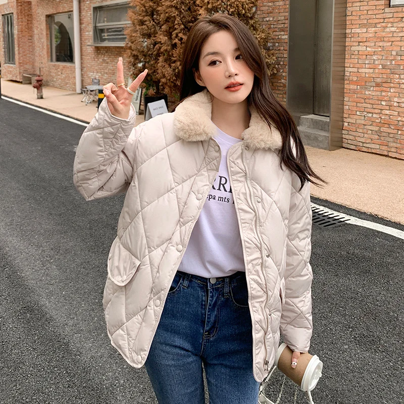 Toloer Design Sense Splicing Lamb Wool Collar Light Diamond Cotton Clothes Female Autumn And Winter New Korean Version Of Chic Casual Warm Cotton-Padded Jacket-Outfit Ideas