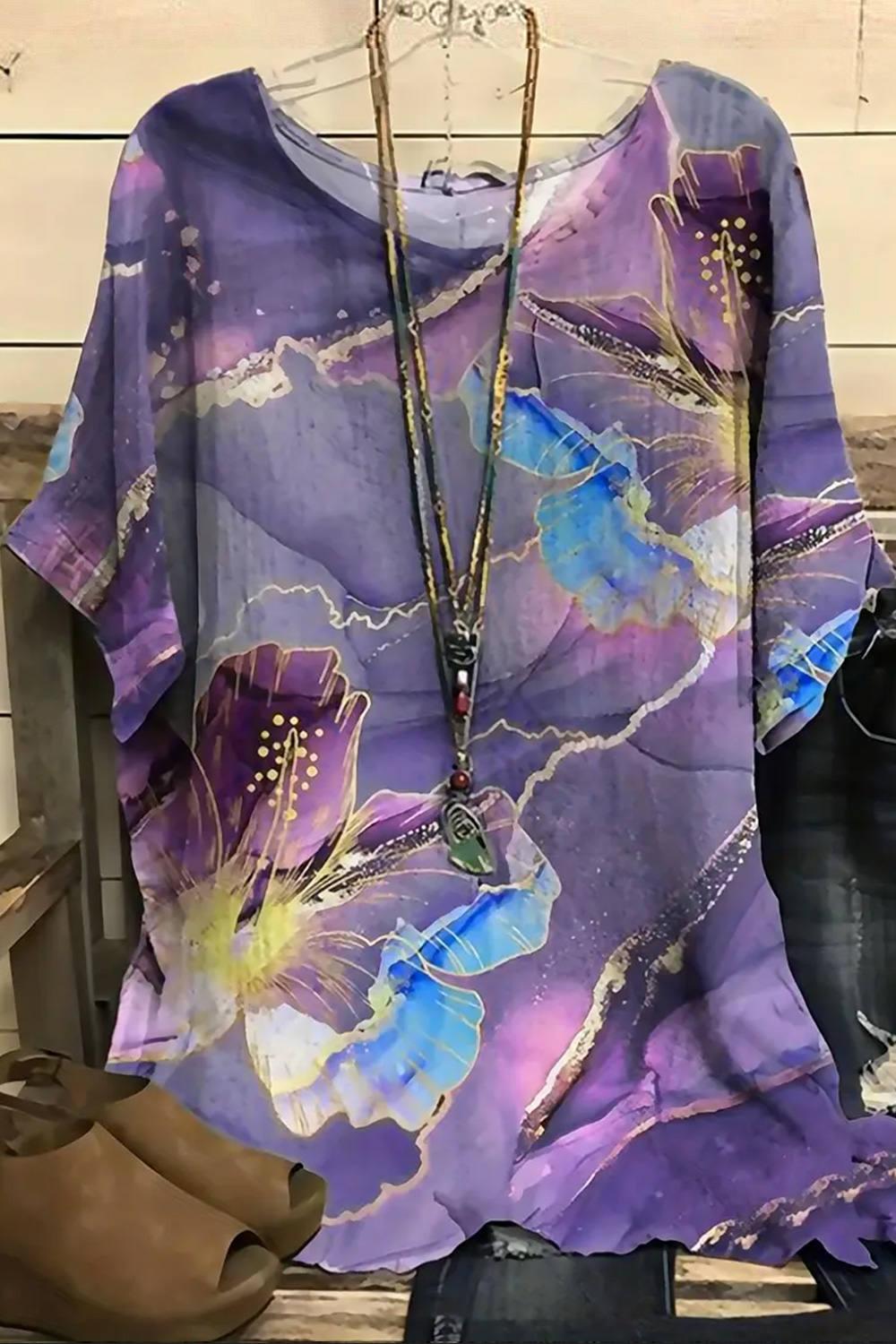 Flycurvy Plus Size Casual Purple Marble Print Round Neck Linen Blouse 2024 - Flycurvy 