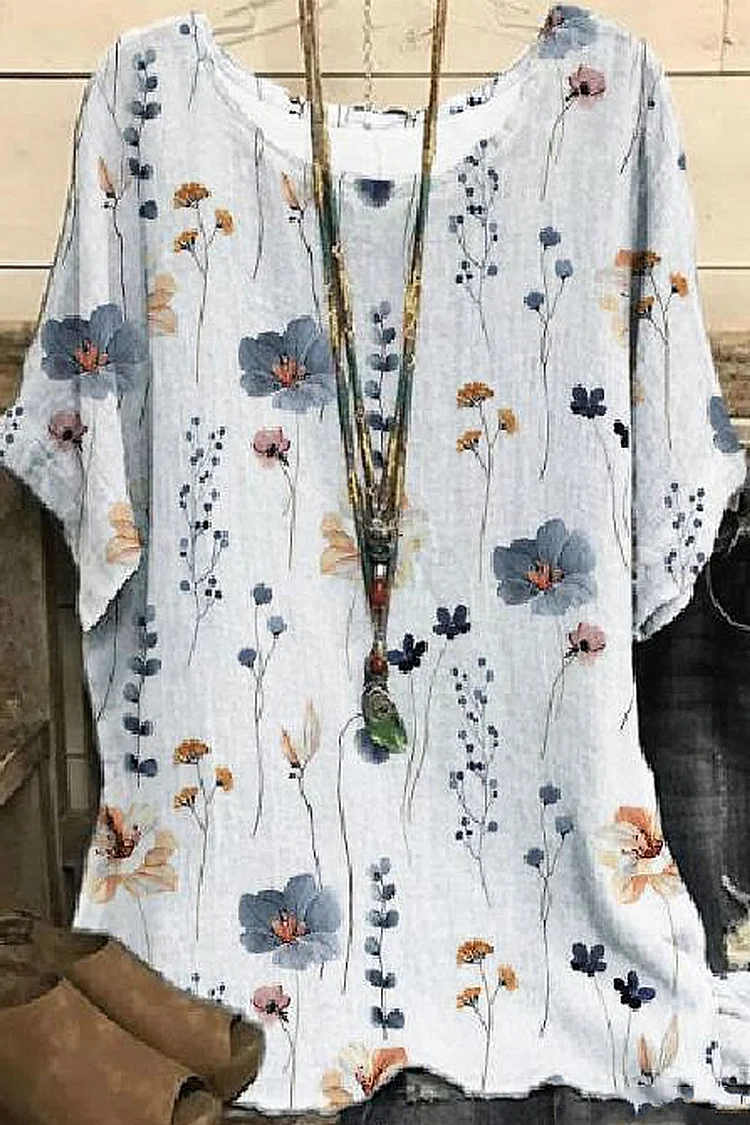 Flycurvy Plus Size Casual White Cotton And Linen Floral Print Blouse  Flycurvy [product_label]