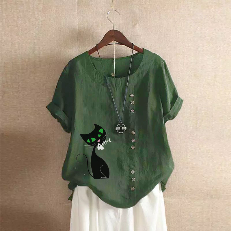 Groksage Woman Blouse 2025 Summer Retro Casual Loose Fitting Cotton And Linen Short Sleeved Pullover Shirt Ladies Botton Cat Print Tops